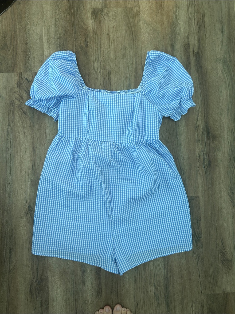 Blue Gingham Puff-Sleeve Maternity Romper